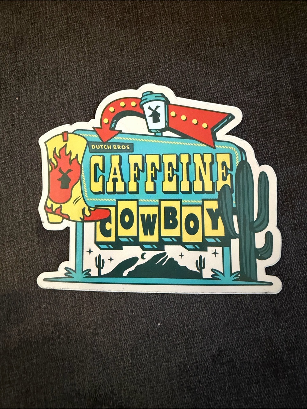 Dutch Bros Caffeine Cowboy sticker- Teal, Yellow, Red